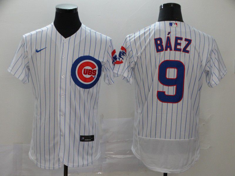 Men Chicago Cubs #9 Baez White stripes Nike Elite MLB Jerseys